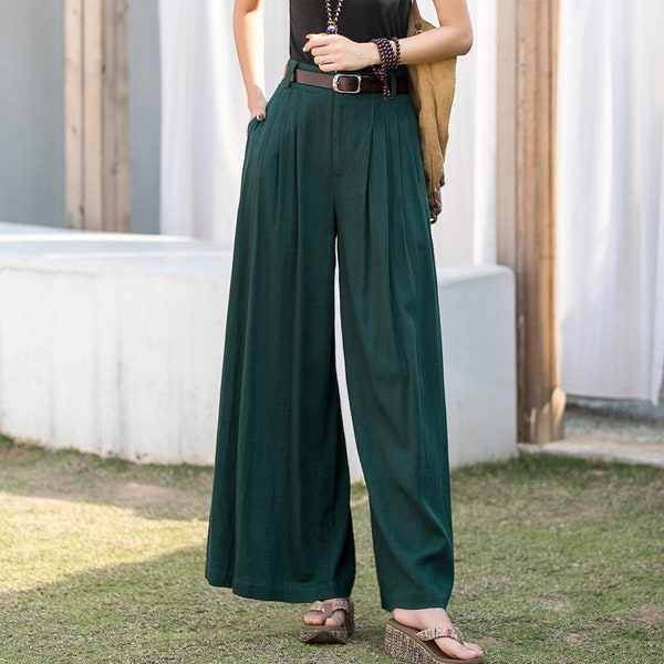 Linen pants, Palazzo Pants, Wide Leg Pants, Green Linen Skirt Pants, High Waist Pleated Pants, Women Summer Trousers, Xiaolizi 2881#