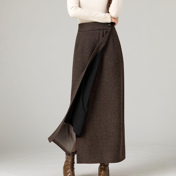 Falda cruzada de lana, falda larga marrón de lana, falda de invierno para mujer, falda de lana para mujer, falda personalizada, ropa moderna, regalo para mamá, Xiaolizi 3862