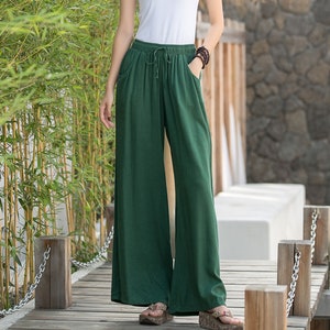 Palazzo Pants, Green Casual Pants, Elastic Waist Wide leg Linen Pants, Long Trousers, Loose Fit Pants, Xiaolizi, Plus Size Palazzo 2879 1-Green