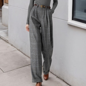 Officewear pants, Grey Long Plaid Wool pants, Plus size Womens Wide leg Wool Trousers, Fall/Winter wool pants, Custom pants, Xiaolizi 5320#