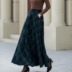 Jupe en laine à carreaux, jupe longue en laine, jupe rétro pour femme, jupe en laine tartan, jupe trapèze trapèze, jupe en laine automne-hiver, Xiaolizi 5451