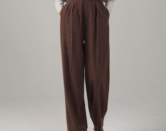Brown Wool Blend Wide Leg Pants: High Waist Long Trousers, Custom