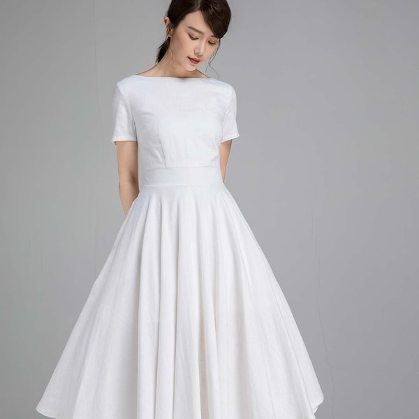 Robe blanche femme, Robe de mariée simple, Robe mi-longue en lin à manches courtes, Robe d'été de style nouveau, Robe de demoiselle d'honneur Boat Neck, Xiaolizi 2340 #