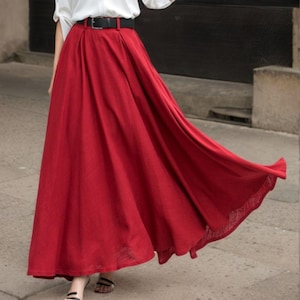Roter Leinen Swing Maxi Rock, Rock mit hoher Taille, A-Line Leinenrock, Plus Größe Rock, Frühling Leinenrock, Handgemachter Rock, xiaolizi 5516