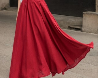 Red Linen Swing Maxi Skirt, High-Waisted skirt, A-Line linen Skirt, Plus size skirt, Spring Linen skirt, Handmade skirt, xiaolizi 5516