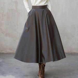 Vegan Leather Maxi Skirt: High Waist Brown PU Flare Skirt, A-Line, Custom, Xiaolizi 5312
