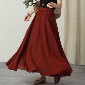 Burgundy Bohemia Swing maxi Skirt, Cotton Linen Skirt, Long Skirt for Women, Flowy Full Summer beach Skirt, Custom Skirt, Xiaolizi 6175#