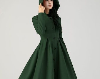 グリーンフード付きウールコート、ショートウールコート、冬用ウール