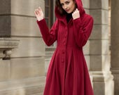 Womens Wool Coat, Red Wool Coat, Swing Wool Coat, Winter Warm