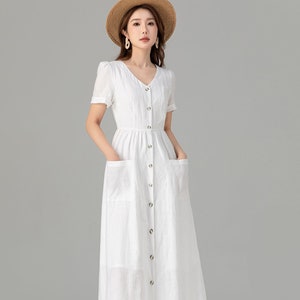 White dress, Linen dress, modest midi linen dress, casual summer Linen dress for women, wedding guest dress, Custom dress, Xiaolizi 4922#