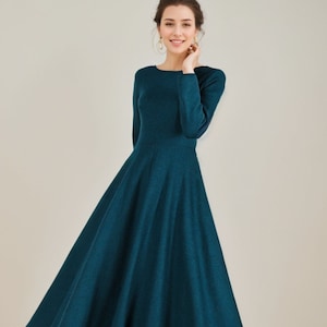 Green Wool Fit & Flare Long Dress Women 2436 Green Wool Fit & Flare Long Dress Women 2436