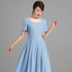 Family Gatherings dress, Linen dress, Laura ashley Midi dress, Puff Sleeve Prairie Dress women, Blue dress, House dress, Xiaolizi 2359#