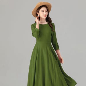Women&#39;s linen dress, Green linen dress, Pleated maxi dress, Modest dress with pockets, Fit and flare linen dress, ladies dresses 4910