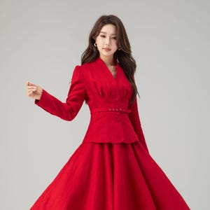 Red Linen Two-Piece Set – Vintage Tailored Blazer & Midi Skirt 5759 Red Linen Two-Piece Set – Vintage Tailored Blazer & Midi Skirt 5759