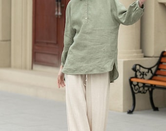 Green Linen Shirt, Long Sleeve Button Up Blouse, Loose Fit, Xiaolizi 4954