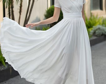 White Chiffon Maxi Dress: Empire Waist Wedding Guest or Bridesmaid, Custom, Xiaolizi 6662#