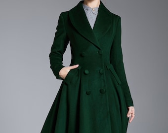 Green Long Wool Coat, Wool Princess Coat, Wool Coat Women, Winter Coat Women, A-Line swing Wool Coat, Warm Wool Coat, Handmade Coat 3881#