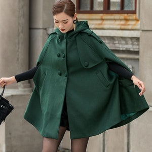Green Hooded Wool Cape Coat Women, Winter Wool Cloak Coat With Hood ...