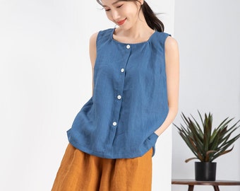 Weekend Outfit, Blue Linen Tank top, Womens Summer Linen top, Loose Linen top, Sleeveless plus size Linen top, Custom top, Xiaolizi 4254#