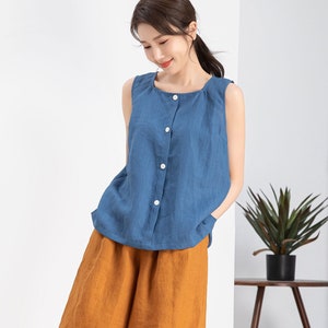Weekend Outfit, Blue Linen Tank top, Womens Summer Linen top, Loose Linen top, Sleeveless plus size Linen top, Custom top, Xiaolizi 4254#