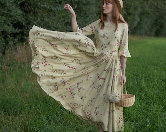 Vintage Inspired Floral Cottagecore Dress, Long Linen Dress
