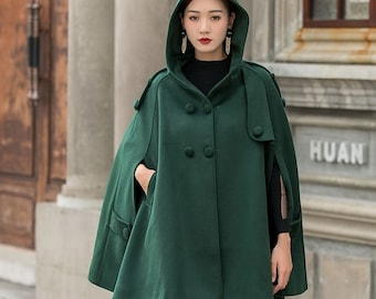 Green Hooded Wool Cape Coat Women, Winter Wool Cloak Coat with Hood, Wool Poncho Jacket, Oversized Cape Short, Plus Size Cape Xiaolizi 3141