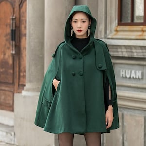 Green Hooded Wool Cape Coat Women, Winter Wool Cloak Coat with Hood, Wool Poncho Jacket, Oversized Cape Short, Plus Size Cape Xiaolizi 3141