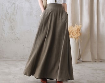 Long Linen Skirt, Linen Maxi Skirt for Women, A Line Long Skirt, High Waist Flared Skirt, Minimalist Skirt, Spring Summer Swing Skirt 2767#