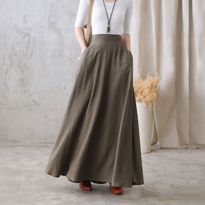 Long Linen Skirt, Linen Maxi Skirt for Women, A Line Long Skirt, High Waist Flared Skirt, Minimalist Skirt, Spring Summer Swing Skirt 2767 1-dark khaki