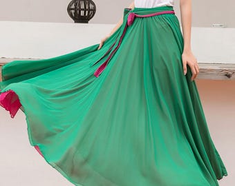 Women Summer Chiffon Maxi Skirt, Rose red Long Swing Full Circle Skirt, Plus Size Skirt with Elastic Waist, cottagecore skirt, Xiaolizi 2752