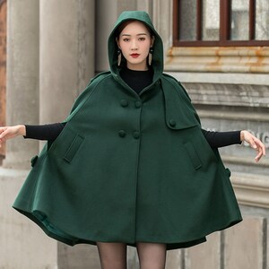 Green Hooded Wool Cape Coat Women, Winter Wool Cloak Coat With Hood ...