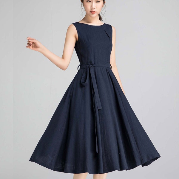 Sleeveless Linen Midi Dress, Fit and Flare Dress, Swing Dress, Long Linen Dress, A Line Dress with Pockets, Women Dresses, Modest dress 1401