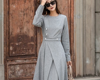 Wool Dress, Gray Wool Midi Dress, Long Wool Dress, A-Line Wool Dress, Womens wool dress, Work dress, Autumn Winter Dress, Xiaolizi 3849#