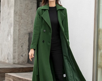 Abrigo largo de lana de estilo británico en verde, abrigo cálido para mujer, abrigo de invierno vintage, abrigo sólido ajustado y acampanado, abrigo de lana suave Maxi con cinturón 2842