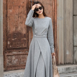 Wool Dress, Gray Wool Midi Dress, Long Wool Dress, A-Line Wool Dress, Womens wool dress, Work dress, Autumn Winter Dress, Xiaolizi 3849#