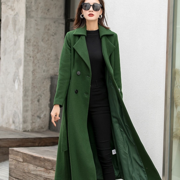 Langer Wollmantel im britischen Stil in Grün, Warmer Mantel Damen, Vintage Wintermantel, Fit und Flare Solid Coat, Maxi Weicher Wollmantel mit Gürtel 2842