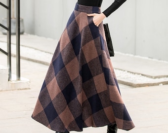 Vintage Inspired Plaid Wool Maxi Skirt, Winter Fall Long Wool Skirt Women, Warm Skirt,  A Line Wool Skirt with Pockets, Handmade skirts 2837