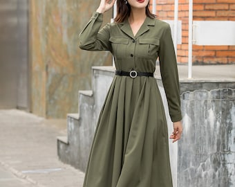 New style Long sleeve shirt dress, Military green pleated Midi Work Dress, belted dress, Summer shirt dress, Custom dress, Xiaolizi 2846#