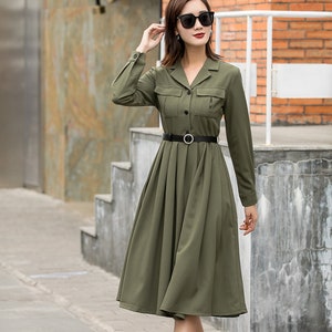 New style Long sleeve shirt dress, Military green pleated Midi Work Dress, belted dress, Summer shirt dress, Custom dress, Xiaolizi 2846#