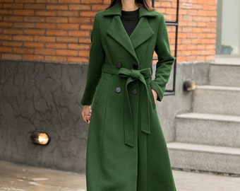 グリーンのロングウールコート、レディースウールコート