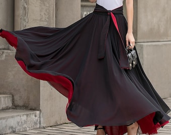 Black Long Chiffon Maxi Skirt Women, Swing Full Circle Skirt, Boho Maxi Skirt, Elastic Waist Chiffon Skirt with Sash, Plus Size Skirt 2714