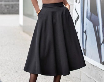 Black Midi Circle Skirt, Women's Swing Skirt, Spring Skirt, High Waisted Skirt, A Line Skirt, Retro Skirt, Custom Skirt, Xiaolizi 4161