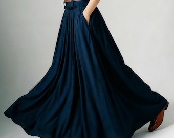 Swing Long Linen Maxi skirt for women, Navy blue walking skirt, High waist swing pleated skirt with pocket, women skirt, full skirt 1046