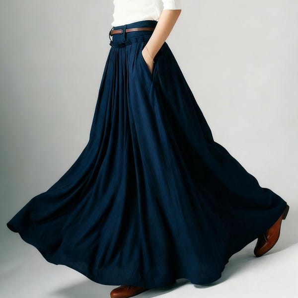 Swing Long Linen Maxi skirt for women, Navy blue walking skirt, High waist swing pleated skirt with pocket, women skirt, full skirt 1046