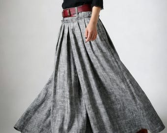 women linen maxi skirt, swing long pleated skirt, gray skirt, pockets skirt, casual skirt, xiaolizi 0911#