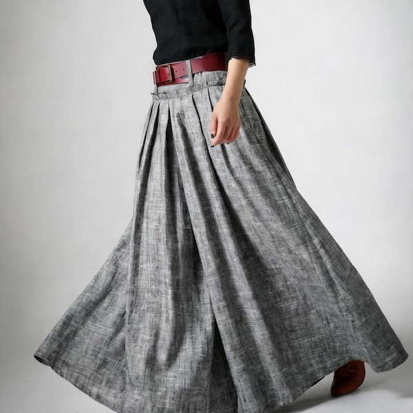 women linen maxi skirt, swing long pleated skirt, gray skirt, pockets skirt, casual skirt, xiaolizi 0911#