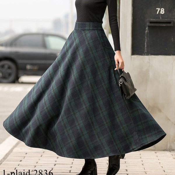 Falda a cuadros de lana larga de inspiración vintage, falda maxi de lana de invierno de la década de 1950 para mujer, falda verde de línea A, falda de talla grande con bolsillos Xiaolizi 2836