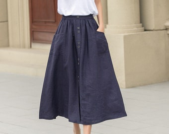 Weekend Getaways, Navy Button front Linen skirt, Linen Midi skirt for women, A Line skirt, skirt with pockets, Custom skirt, Xiaolizi 4944