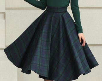 Plaid Wool Suspender Skirt, High Waisted Midi Circle Skirt, Custom, Xiaolizi 6511#
