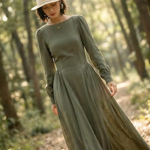 Herbst Winter Grünes Leinen Maxi Kleid, Lockere Langarm Leinen Kleid, A-Linie Langes Kleid, Damen Casual Swing Mittelalter Kleid, xiaolizi 5678 #